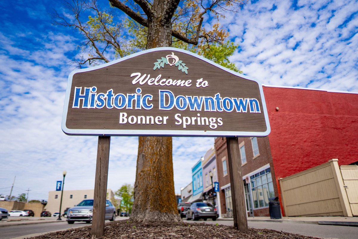 The Welcome to Historic Downtown Bonner Springs sign in Bonner Springs, Kansas