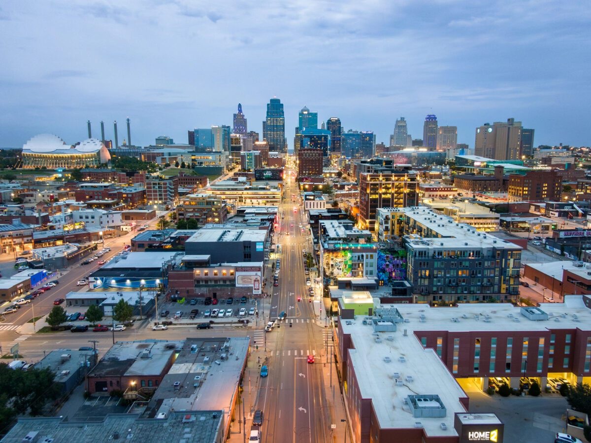 Aerial view of the downtown Kansas City, Missouri skyline at dusk