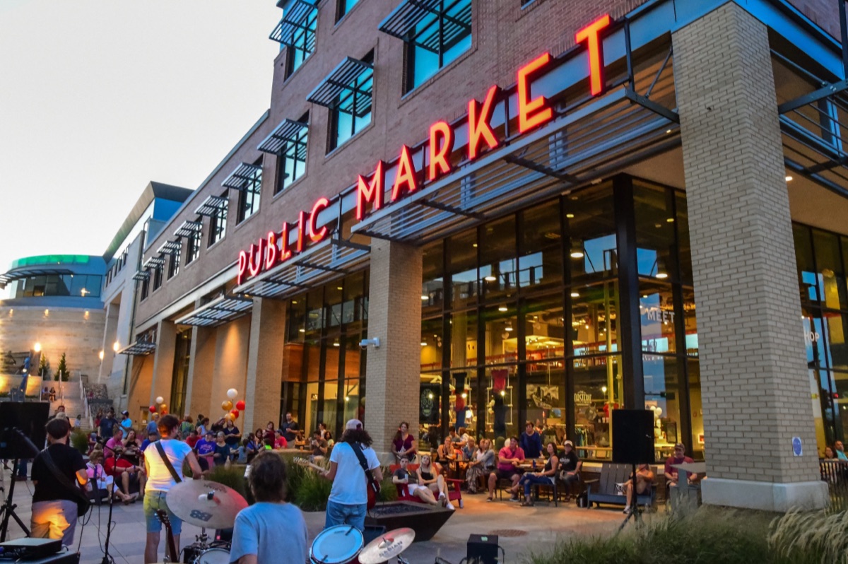 Evening crowd outside the Lenexa Public Market in Lenexa, Kansas