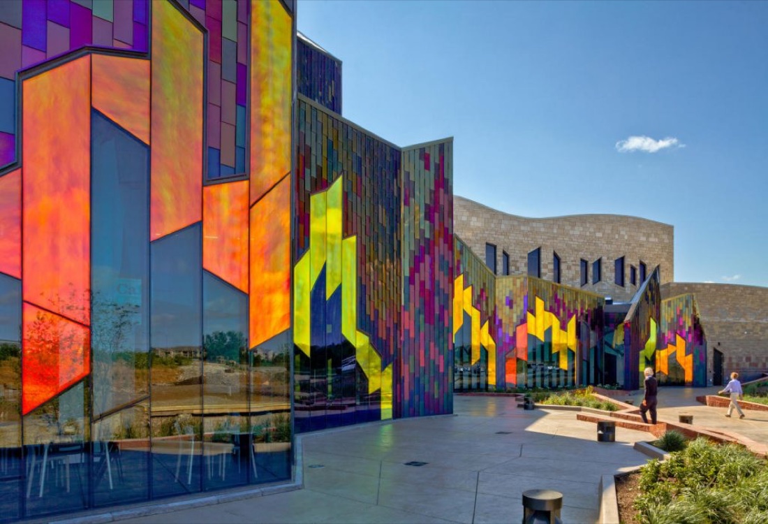 The coloured glass facade of the Museum at Prairiefire in Overland Park, Kansas