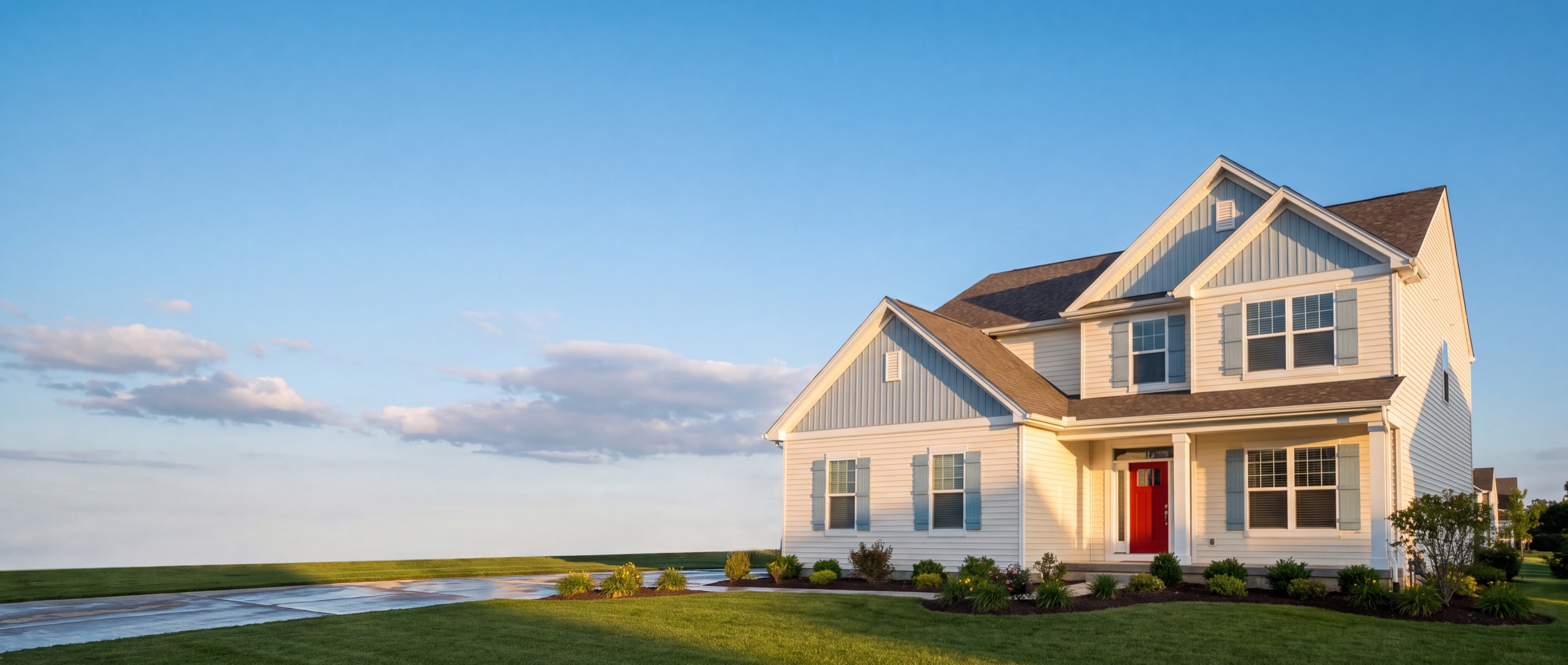 A freshly painted two-story home with white siding, crisp trim and a red front door in golden-hour light